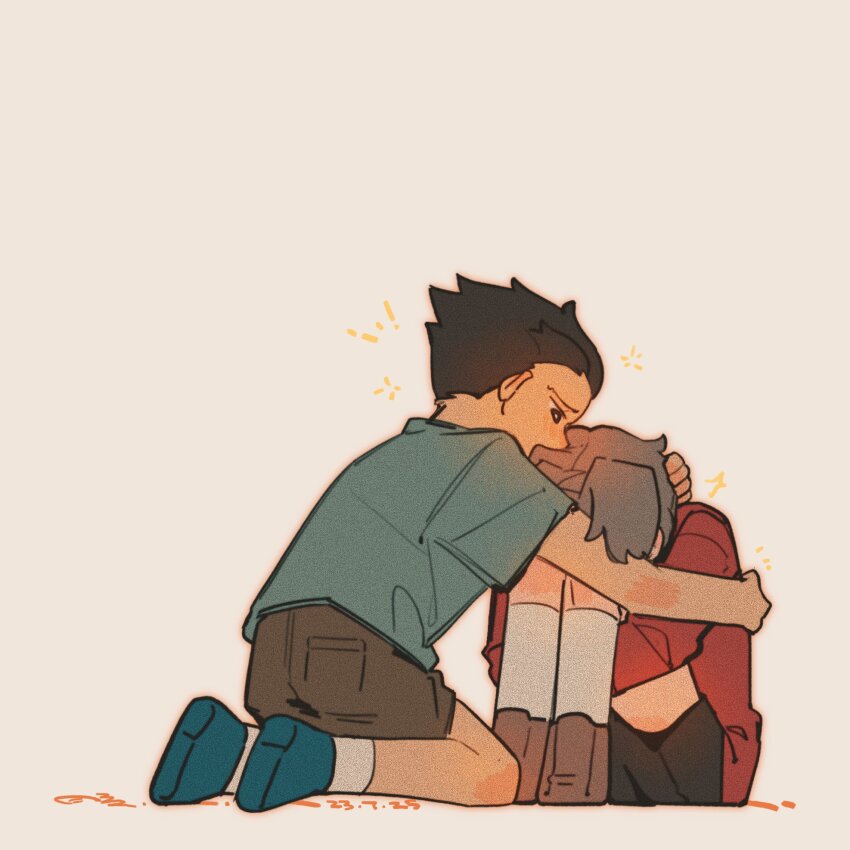 2boys a_yue_huaite ace_attorney aged_down black_hair black_shorts blue_shirt blue_socks brown_eyes brown_shoes child commentary english_commentary greyscale hand_on_another&#039;s_head highres hug hugging_own_legs jacket long_sleeves looking_at_another male_focus miles_edgeworth monochrome multiple_boys phoenix_wright red_jacket shirt shoes short_sleeves shorts sitting socks suit_jacket t-shirt white_socks