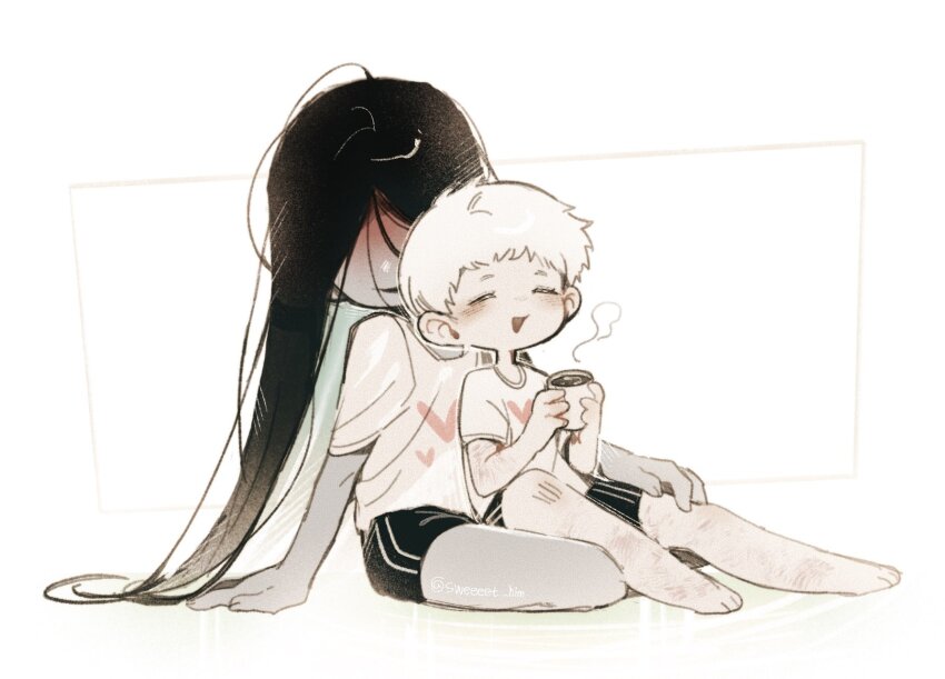 2boys black_hair blood blood_on_face closed_eyes cup full_body heroine_(homicipher) hetero highres holding holding_cup homicipher long_hair male_focus mr._crawling mug multiple_boys shirt short_hair shorts sitting sitting_on_lap sitting_on_person sweeeet_him very_long_hair white_background white_hair white_shirt
