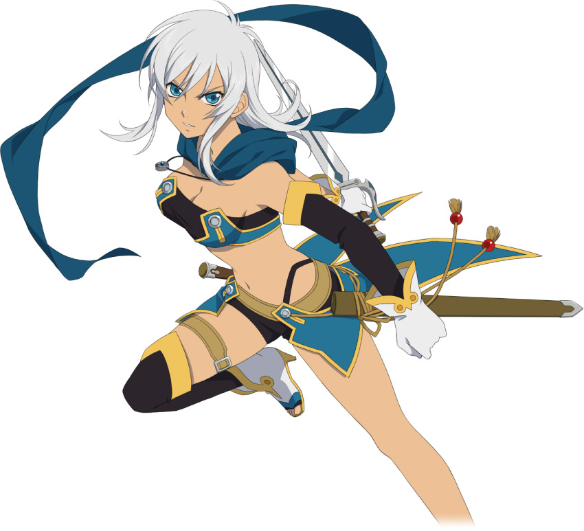 1girl bandeau blue_hair blue_scarf breasts cleavage commentary dark-skinned_female dark_skin elbow_gloves english_commentary gloves highres holding holding_sword holding_weapon medium_breasts navel official_art rondoline_e_effenberg scarf shirt sidelocks solo sword tales_of_(series) tales_of_asteria tales_of_phantasia tales_of_phantasia:_narikiri_dungeon tales_of_phantasia:_narikiri_dungeon_x taut_clothes taut_shirt toeless_footwear weapon white_hair