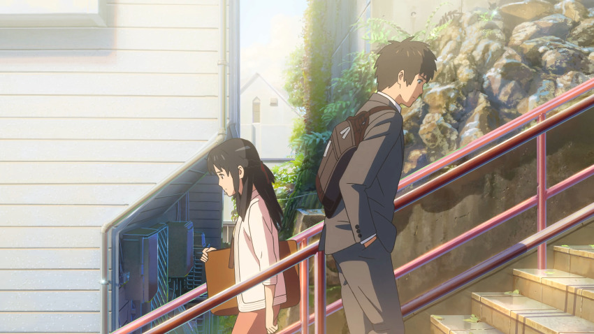 1boy 1girl absurdres backpack bag black_hair black_jacket black_pants closed_mouth day eyebrows eyelashes formal_clothes hands_in_pockets highres jacket kimi_no_na_wa. long_hair long_sleeves miyamizu_mitsuha official_art outdoors pants rock sad screencap shadow shiny_clothes shiny_skin spiked_hair standing tachibana_taki walking