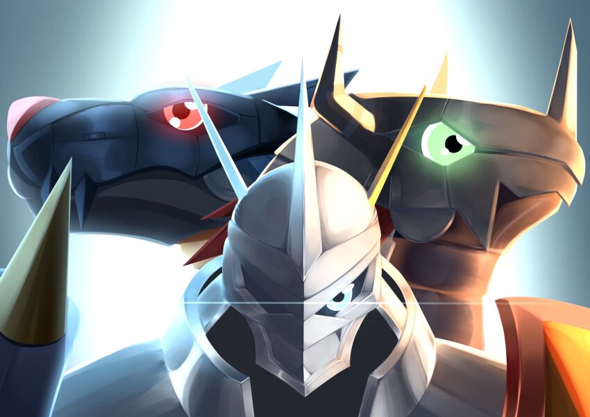 blue_eyes chaoite0079 close-up cyborg digimon digimon_(creature) evolutionary_line glowing glowing_eyes green_eyes highres mecha metalgarurumon omegamon red_eyes robot wargreymon wolf