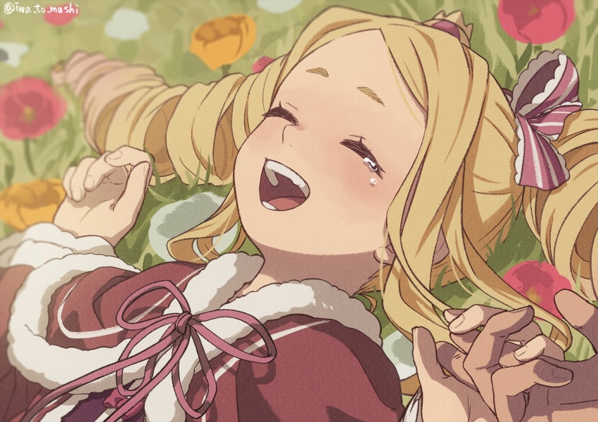 1girl :d beatrice_(re:zero) blonde_hair blush capelet check_commentary closed_eyes commentary commentary_request crown crying drill_hair duplicate eyelashes flower fur-trimmed_capelet fur_trim grass hair_ribbon hand_grab hands_up highres iwamushi long_hair long_sleeves lying mini_crown on_back open_mouth parted_bangs purple_ribbon re:zero_kara_hajimeru_isekai_seikatsu red_capelet ribbon sidelocks smile solo_focus tears teeth tongue twin_drills twitter_username upper_body