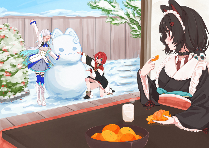 3girls 3znk :3 :d ^_^ absurdres ange_katrina ange_katrina_(1st_costume) animal_ears animal_hair_ornament ankle_boots arm_up armband black_boots black_coat black_collar black_kimono blue_armband blue_eyes blue_hair blue_neckerchief blue_skirt blue_thighhighs blunt_bangs blush boots brown_hair bush buttons cardigan closed_eyes coat collar colored_inner_hair commentary_request cup day dog_ears double-breasted dress eating fang fence flower food frilled_skirt frills fruit fruit_bowl garden green_tea hair_between_eyes hair_flower hair_intakes hair_ornament happy high-waist_skirt highres inui_toko inui_toko_(1st_costume) japanese_clothes kimono knee_boots kotatsu lace-up_boots layered_skirt legwear_garter lize_helesta lize_helesta_(1st_costume) long_bangs long_hair long_sleeves looking_at_another maid_headdress miniskirt multicolored_hair multiple_girls neckerchief nijisanji nose_blush off_shoulder on_one_knee open_mouth orange_(fruit) orange_slice pleated_skirt red_cardigan red_eyes red_hair ribbed_shirt sanbaka_(nijisanji) shirt short_dress short_hair shrug_(clothing) sidelocks skirt smile snow snowman standing steaming_cup streaked_hair table tea teeth thigh_strap thighhighs tree triangle_hair_ornament two-tone_hair upper_teeth_only very_long_hair virtual_youtuber white_boots white_dress white_hair white_headdress white_shirt white_shrug white_skirt winter wooden_fence yunomi