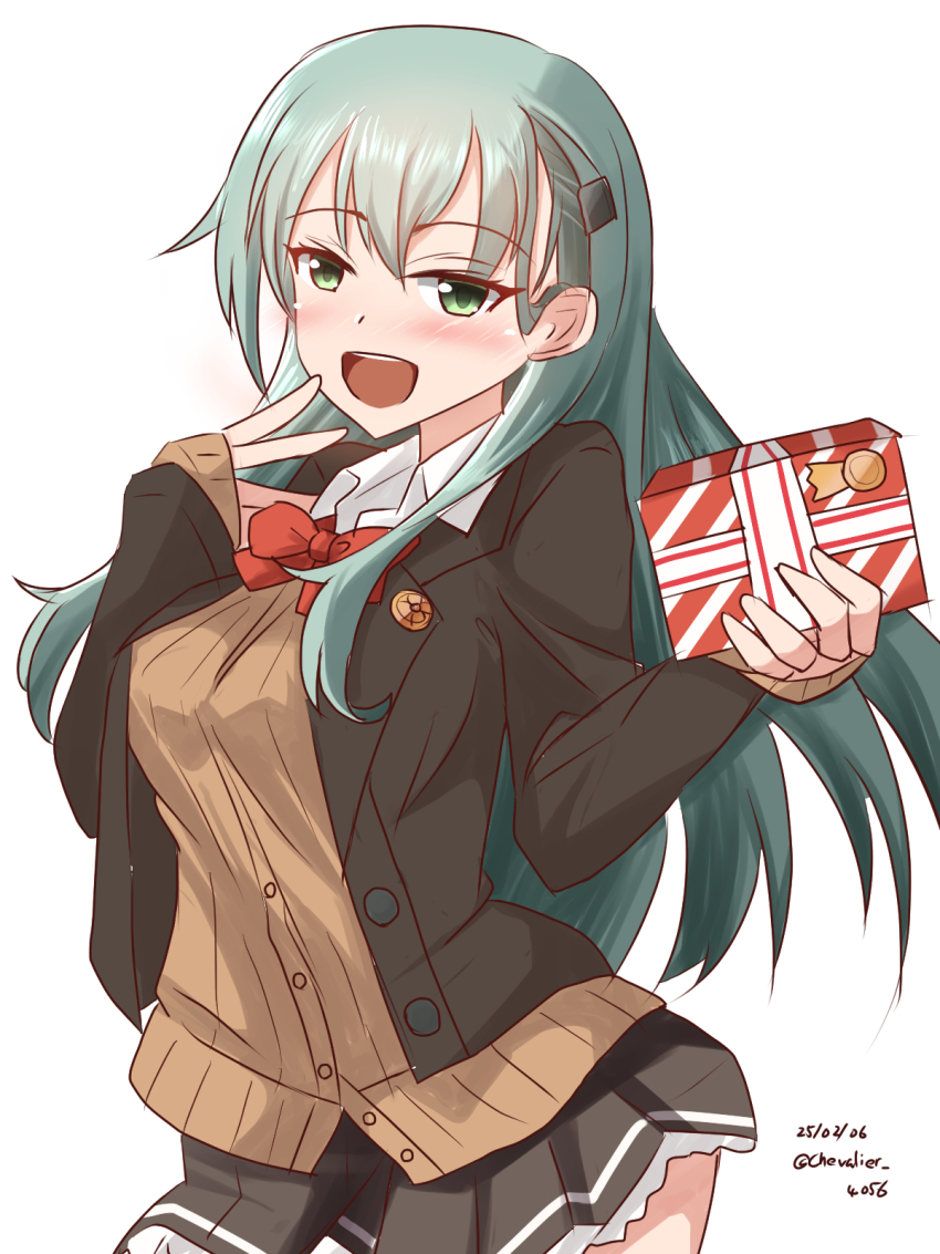 1girl aqua_eyes aqua_hair blush bow bowtie box breasts brown_cardigan brown_eyes brown_jacket brown_skirt cardigan cowboy_shot dated gift gift_box green_eyes hair_ornament hairclip highres jacket kantai_collection large_breasts long_hair looking_at_viewer open_cardigan open_clothes orange_bow orange_bowtie pleated_skirt red_bow red_bowtie sawatani_(chevalier_04056) school_uniform shirt simple_background skirt smile solo suzuya_(kancolle) suzuya_kai_ni_(kancolle) twitter_username white_background