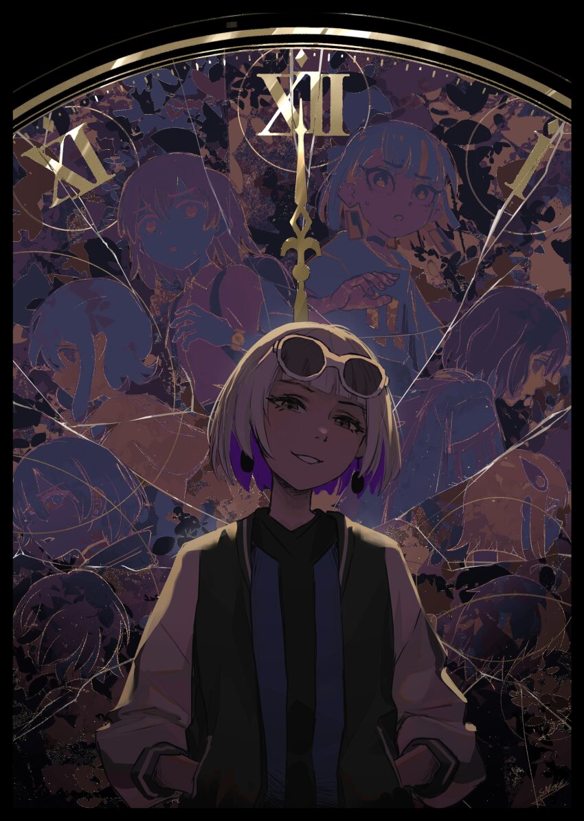 6+girls absurdres broken_screen clock clockwise colored_inner_hair earrings eyewear_on_head grey_eyes hands_in_pockets haze_haseru_haterumade_(zutomayo) highres jacket jewelry kangurei_(zutomayo) looking_at_viewer multicolored_hair multiple_girls nira-chan nira-chan_(haze_haseru_haterumade)_(zutomayo) nira-chan_(kangurei)_(zutomayo) nira-chan_(kannsaete_kuyasiiwa)_(zutomayo) nira-chan_(obenkyou_shitoiteyo)_(zutomayo) obenkyou_shitoiteyo roman_numeral smile solo_focus starsandencores white_hair zutto_mayonaka_de_ii_no_ni
