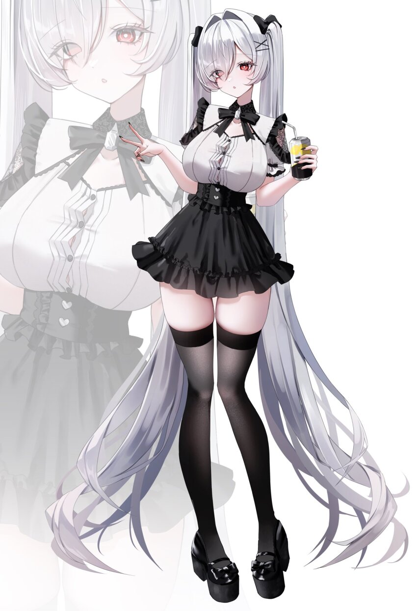 00_zer0 1girl alternate_costume black_nails black_skirt black_thighhighs cinderella_(nikke) full_body goddess_of_victory:_nikke hair_over_one_eye highres long_hair nail_polish one_eye_covered red_eyes skirt solo thighhighs white_background