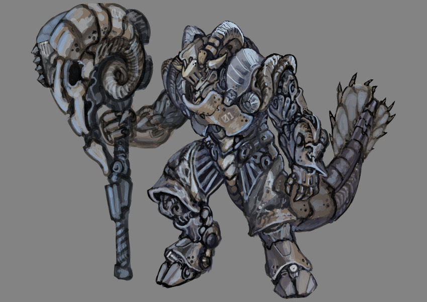 202vincent absurdres armor digitigrade full_armor full_body grey_background hammer highres holding holding_hammer horns huge_weapon monster no_humans original ornate_weapon sheep_horns solo standing tail weapon