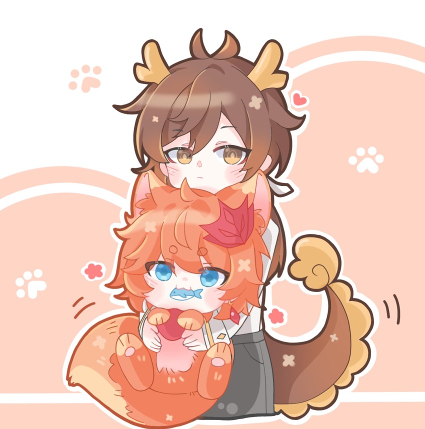 2boys aged_down animal_ears chibi dimples dragon_horns dragon_tail fish_in_mouth fox_ears fox_tail genshin_impact highres horns multiple_boys paw_print pawpads tail tartaglia_(genshin_impact) u9ed1u7fbd zhongli_(genshin_impact)