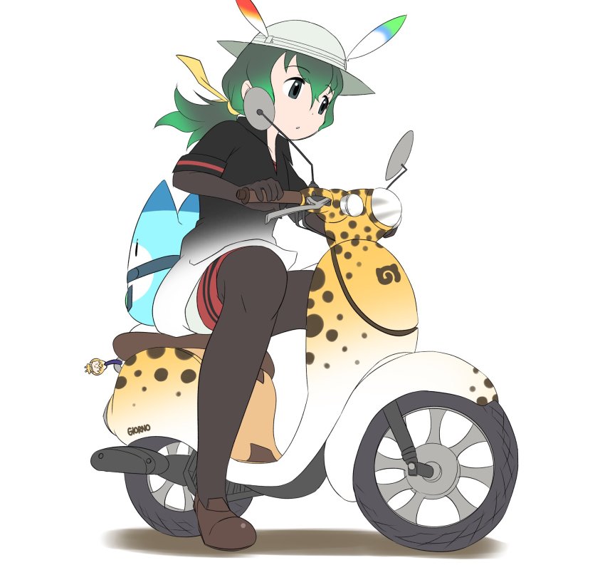 cats_yone gloves green_eyes green_hair hat highres kaban_(kemono_friends) kemono_friends kemono_friends_2 long_hair lucky_beast_(kemono_friends) shirt