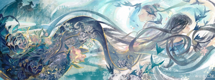2girls absurdly_long_hair absurdres bare_shoulders bird black_bird black_flower black_hair blue_hanfu chinese_clothes chinese_commentary closed_eyes closed_mouth commentary_request floating_clothes floating_hair flock flower forehead from_side grey_hanfu hair_bun hanfu highres lao_ren_qiu light_blush light_particles long_hair multiple_girls original people pink_flower pointy_nose short_hair single_hair_bun smile updo upper_body very_long_hair watermark waves weibo_watermark