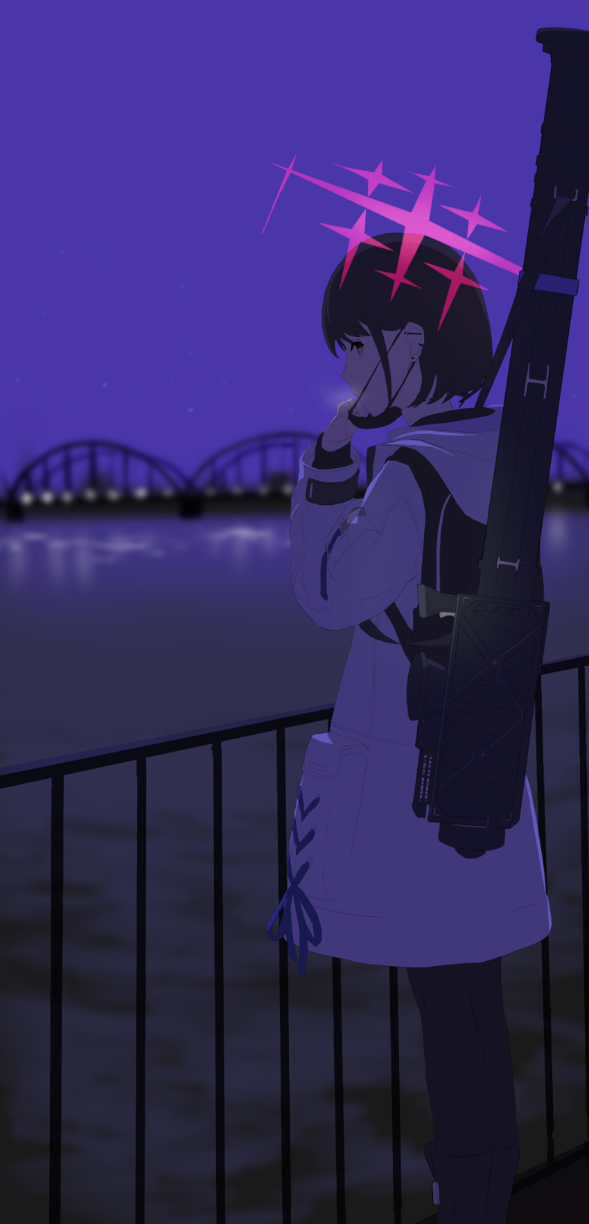 1girl absurdres barbell_piercing black_hair blue_archive breath bridge coat commentary_request condensation dark ear_piercing felix_(mtw93) fim-92_stinger halo highres hood industrial_piercing looking_at_viewer looking_back mask mask_pull misaki_(blue_archive) multiple_girls night piercing purple_sky river rocket_launcher short_hair sideways_glance sky solo urban weapon weapon_on_back white_coat