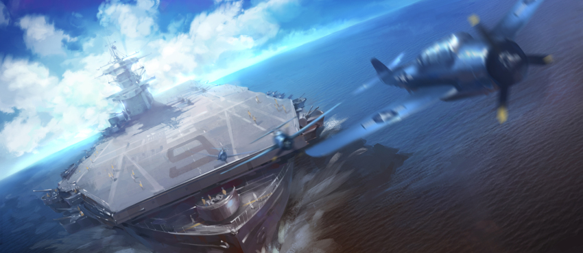 aircraft aircraft_carrier airplane bad_proportions day dutch_angle flying highres horizon military military_vehicle miorine motion_blur ocean original outdoors people propeller_fighter real_life ship takeoff united_states_navy uss_enterprise_(cv-6) vehicle_focus warship watercraft