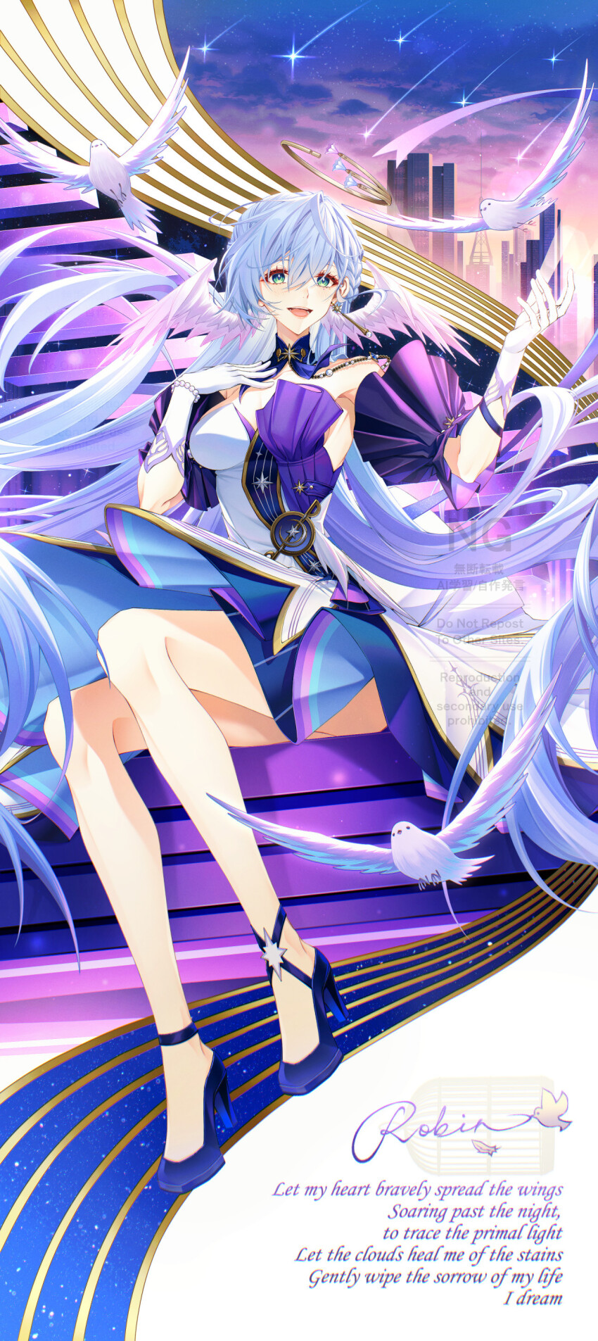 1girl :d absurdres aqua_eyes bare_shoulders blue_hair breasts detached_sleeves dress earrings face_jewel gloves hair_between_eyes halo halo_behind_head head_wings highres honkai:_star_rail honkai_(series) jewel_under_eye jewelry long_hair looking_at_viewer open_mouth purple_hair purple_sleeves robin_(honkai:_star_rail) short_sleeves sieka_(piiroinardesco) sitting smile solo strapless strapless_dress two-tone_dress very_long_hair white_dress white_gloves white_wings wings