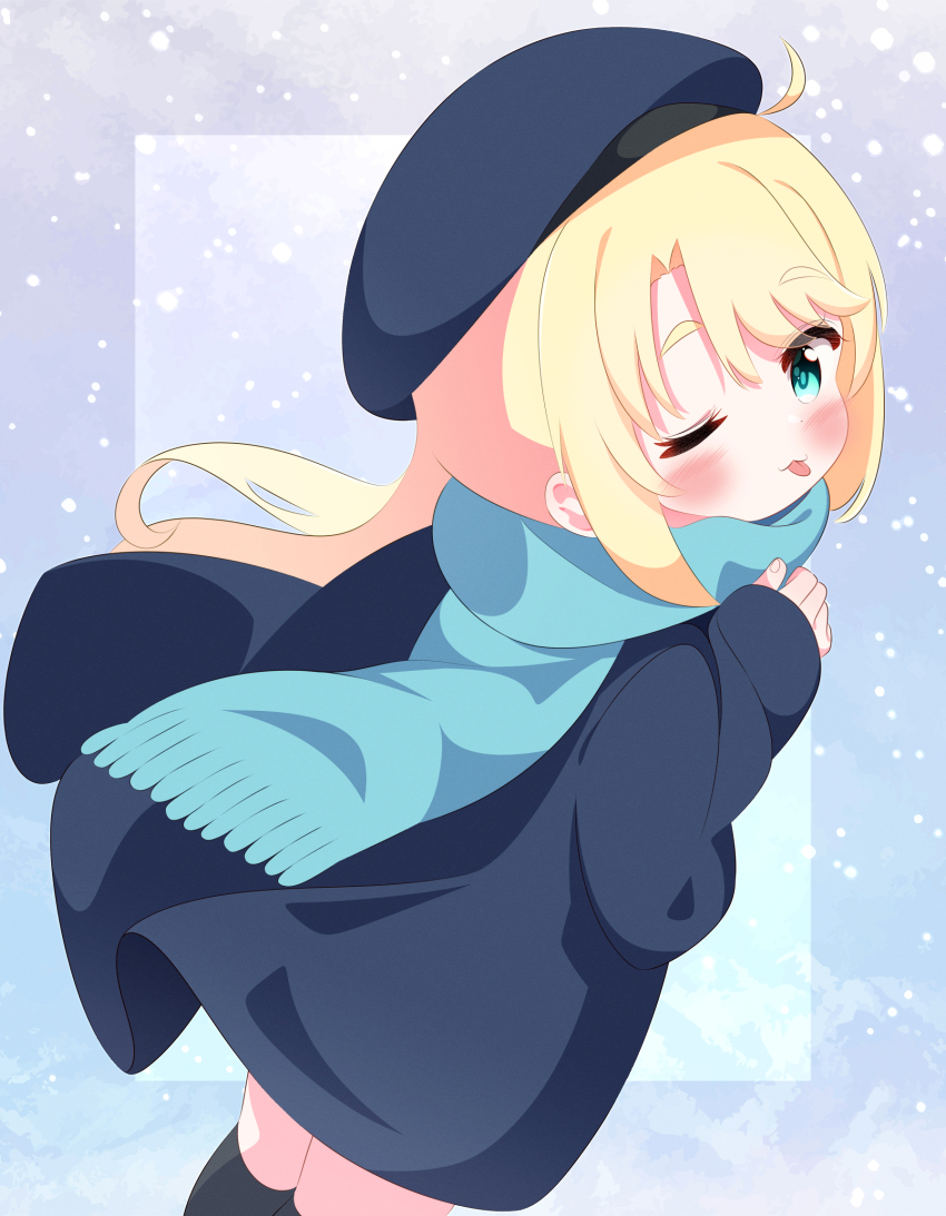 1girl :3 ahoge beret black_coat black_hat black_socks blonde_hair blue_scarf blush coat commentary cowboy_shot gradient_background green_eyes hat highres himesaka_noa kneehighs long_hair long_sleeves looking_at_viewer looking_to_the_side one_eye_closed r245 scarf smile snow snowing socks solo standing symbol-only_commentary thick_eyebrows tongue tongue_out watashi_ni_tenshi_ga_maiorita!