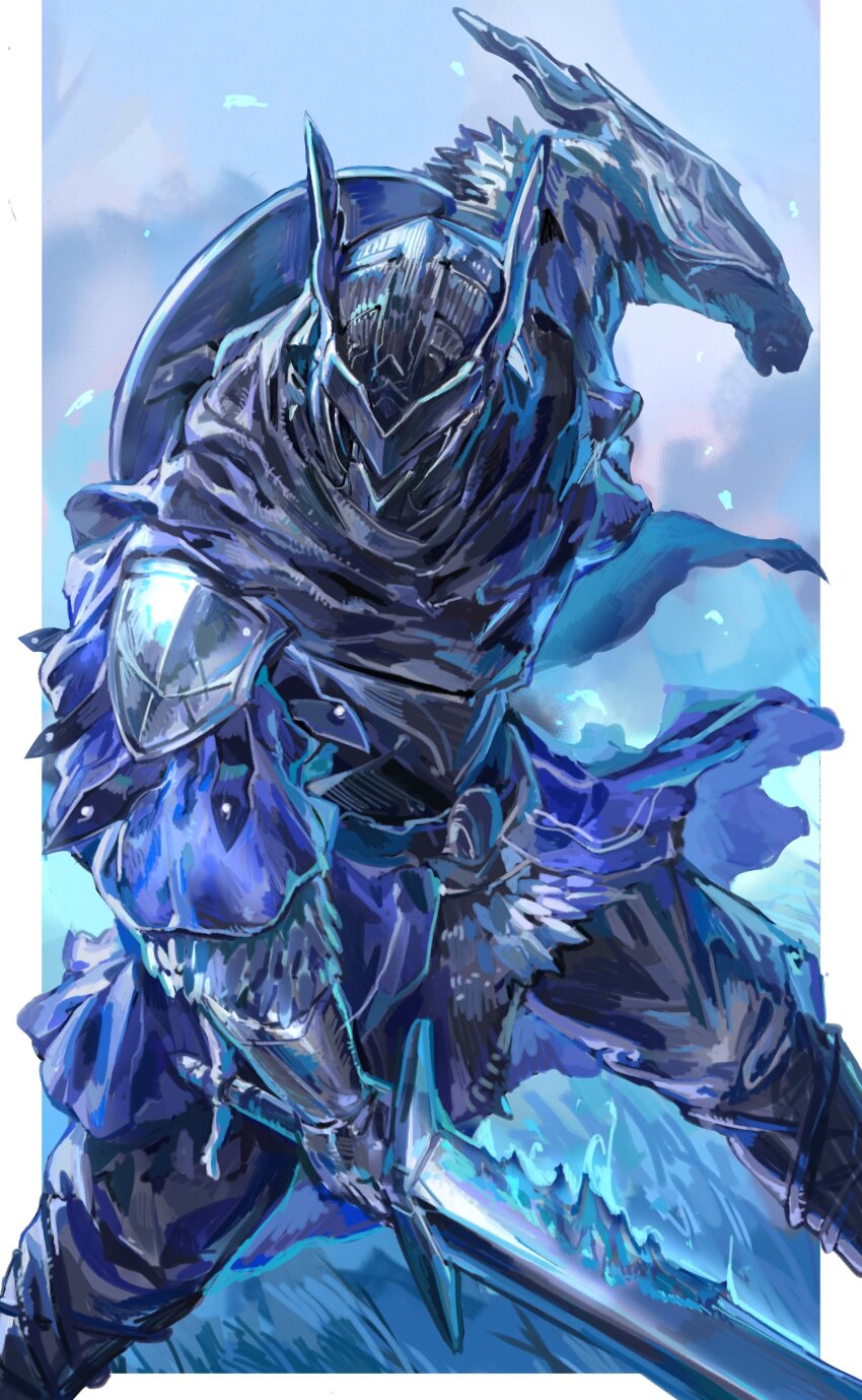 1other absurdres armor blue_fire border commentary elden_ring elden_ring_nightreign fire flaming_sword flaming_weapon full_armor gauntlets hashtag-only_commentary helm helmet highres holding holding_sword holding_weapon nameno92372763 outside_border pauldrons shield shield_on_back shoulder_armor solo standing sword weapon white_border