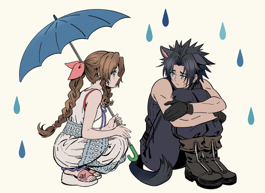 1boy 1girl aerith_gainsborough animal_ears baggy_pants bare_shoulders black_gloves black_hair blue_eyes boots braid braided_ponytail closed_mouth commentary_request crisis_core_final_fantasy_vii cross_scar dog_ears dog_tail dress drill_hair drill_sidelocks facial_scar final_fantasy final_fantasy_vii from_side gloves green_eyes hair_ribbon holding holding_umbrella hugging_own_legs huosheanng knees_up long_hair looking_at_another looking_to_the_side pants parted_bangs pink_ribbon profile rain ribbon sandals scar scar_on_cheek scar_on_face sidelocks simple_background sitting sleeveless sleeveless_turtleneck spiked_hair squatting sweater tail turtleneck turtleneck_sweater umbrella white_dress zack_fair