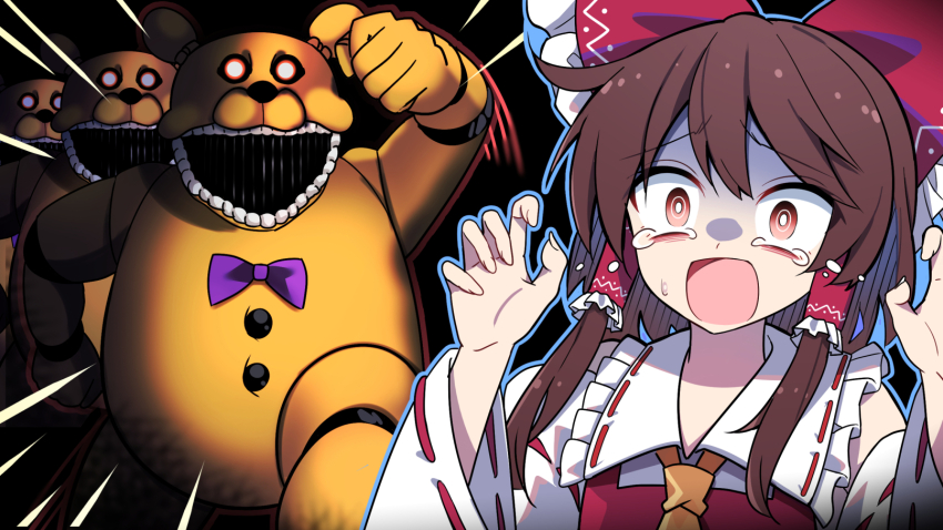 1girl ascot black_background bow bright_pupils brown_eyes brown_hair commentary_request crossover detached_sleeves e.o. five_nights_at_freddy&#039;s fredbear_(fnaf) glowing glowing_eyes hair_bow hair_tubes hakurei_reimu highres long_hair nightmare_fredbear open_mouth purple_bow red_bow sidelocks tearing_up touhou white_pupils yellow_ascot