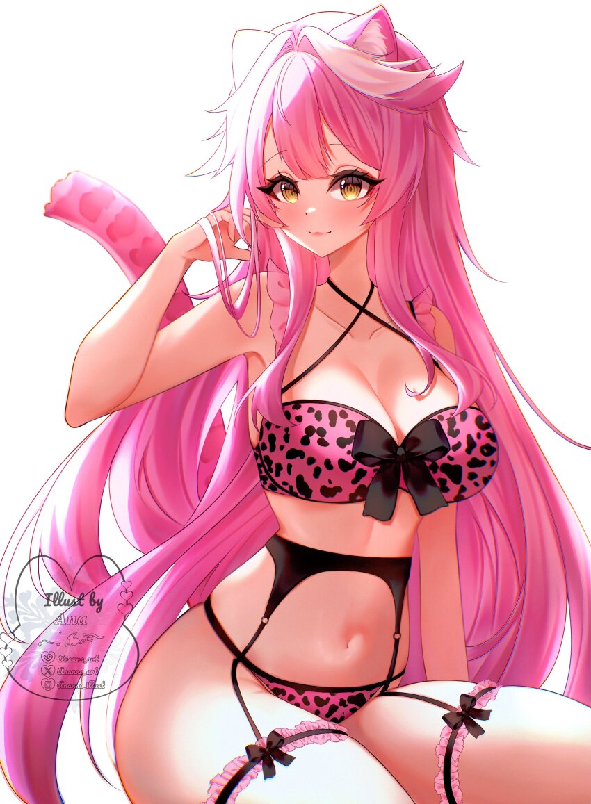 1girl absurdres ananna_art animal_ears animal_print bikini black_bow black_garter_belt black_garter_straps blush bow breasts cleavage closed_mouth collarbone commentary criss-cross_halter frilled_thigh_strap garter_belt garter_straps hair_intakes halterneck highres hololive hololive_english large_breasts leopard_print leopard_print_bikini long_hair multicolored_hair navel panther_ears panther_girl panther_tail pink_bikini pink_hair pink_lips pink_tail print_bikini raora_panthera simple_background smile solo stomach streaked_hair swimsuit tail thigh_strap thighs virtual_youtuber white_background yellow_eyes
