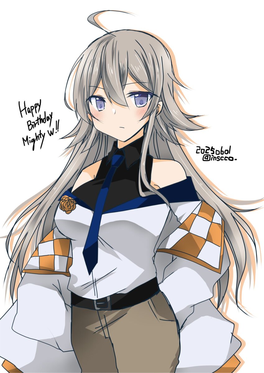 1girl ahoge bare_shoulders belt black_belt black_shirt blue_necktie breasts brown_pants closed_mouth coat commentary_request corsage cowboy_shot dated english_text flower grey_eyes grey_hair hair_between_eyes highres inscco jacket kantai_collection large_breasts long_hair looking_at_viewer necktie one-hour_drawing_challenge pants shirt simple_background sleeveless sleeveless_shirt solo twitter_username washington_(anniversary)_(kancolle) washington_(kancolle) white_background white_coat white_jacket