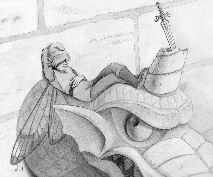1boy elf fairy fairy_link fairy_wings hair_over_eyes hat highres link magical_sword nintendo pointy_ears ra_(zelda) sleeping solo statue sword the_legend_of_zelda weapon wings zelda_ii:_the_adventure_of_link