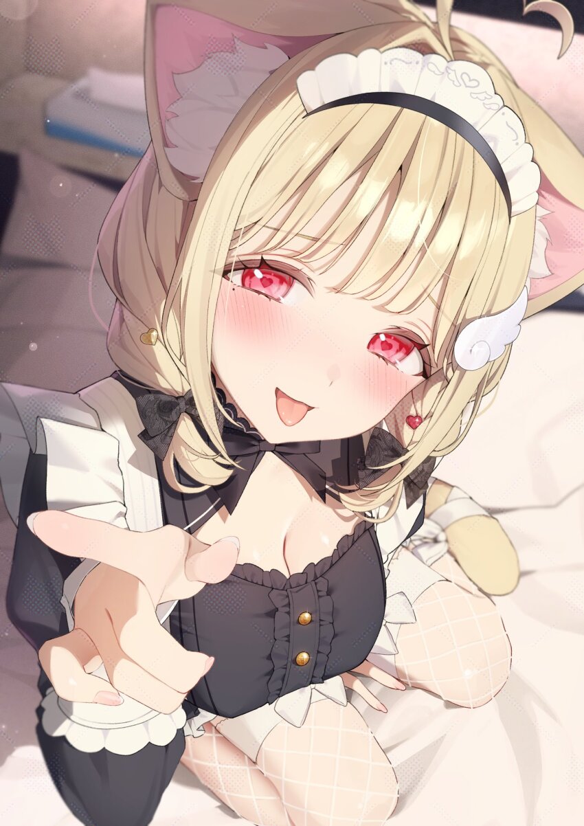 1girl ahoge animal_ears between_legs black_dress blonde_hair breasts cat_ears cat_girl cat_tail cleavage cleavage_cutout clothing_cutout commentary_request dress hand_between_legs heart heart_ahoge highres kemomimi_refle! large_breasts looking_at_viewer maid_headdress medium_hair nekoma_karin nen_0405 on_bed open_mouth red_eyes smile solo tail tongue tongue_out