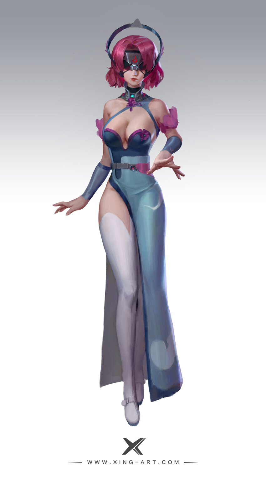 1girl absurdres artist_name bare_shoulders belt blue_dress bracer breasts character_request chinese_commentary cleavage_cutout closed_mouth clothing_cutout collared_dress commentary_request copyright_request covered_eyes detached_sleeves dress expressionless full_body goggles gradient_background halo halo_behind_head high_collar highres knees large_breasts lipstick long_dress makeup pink_hair purple_sleeves red_lips shoe_belt shoes short_hair short_sleeves side_slit solo standing starlab thighhighs watermark white_background white_belt white_shoes white_thighhighs