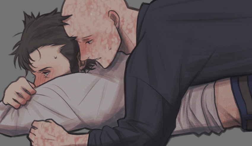2boys bald beard belt black_shirt blush brown_hair commentary_request deadpool deadpool_&amp;_wolverine deadpool_(series) doghooouse facial_hair full-face_blush green_eyes highres looking_at_another lying lying_on_person male_focus marvel marvel_cinematic_universe multiple_boys muscular on_stomach pants parted_lips scar scars_all_over shirt short_hair sweatdrop tears too_many wolverine_(x-men) x-men yaoi