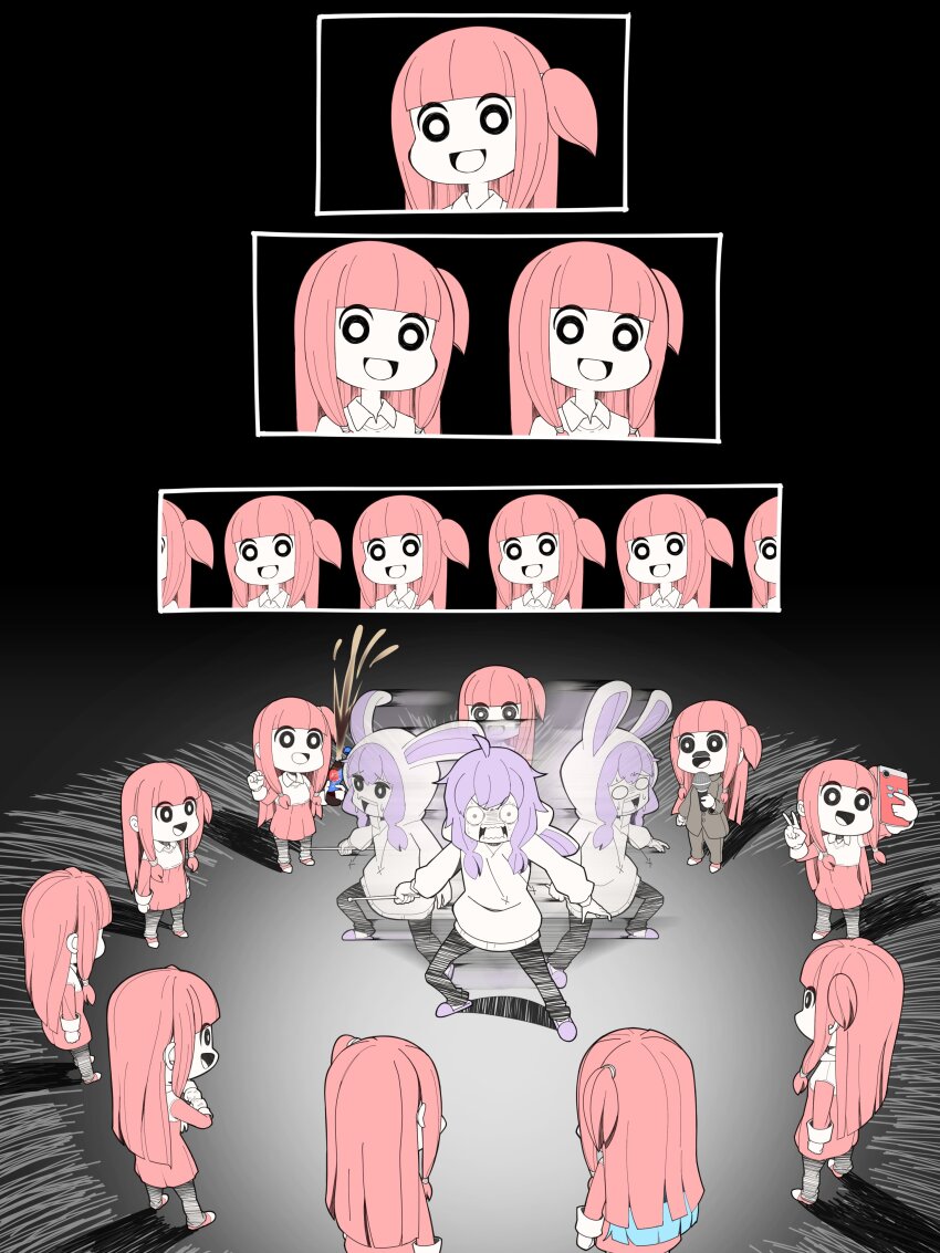 6+girls absurdres animal_hood black_background black_eyes black_pantyhose black_suit blue_hair bottle bright_pupils chakabis chibi clone drumsticks facial_hair formal_clothes gyari_(imagesdawn)_(style) highres holding holding_bottle holding_drumsticks holding_microphone holding_phone hood hoodie kotonoha_akane kotonoha_aoi long_hair microphone multiple_girls mustache nandemo_iu_koto_wo_kiite_kureru_akane-chan_(voiceroid) one_side_up open_mouth pantyhose phone purple_footwear purple_hair rabbit_hood selfie shaded_face short_hair_with_long_locks smile suit surrounded sweat teeth v voiceroid white_hoodie white_pupils wide-eyed wig yuzuki_yukari