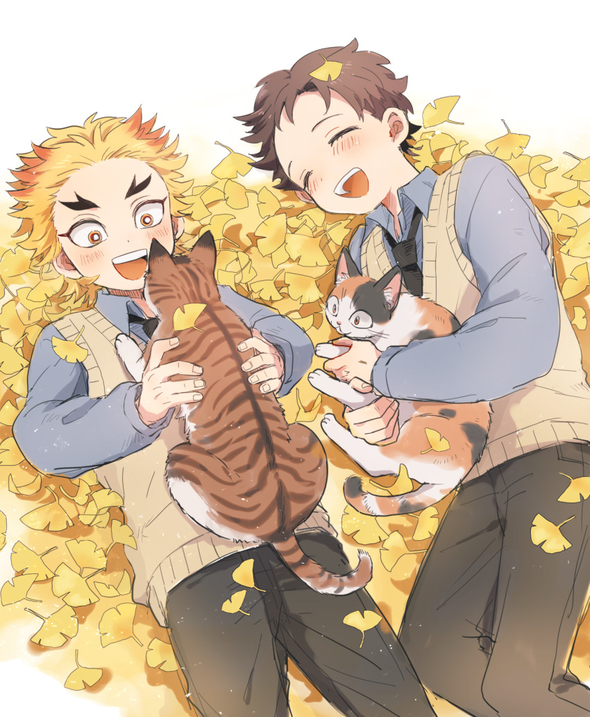 2boys 50yen_(gojiue) animal animal_on_chest autumn_leaves black_hair black_necktie black_pants blonde_hair blue_shirt brown_hair calico_(pattern) cat_on_chest colored_tips cowboy_shot forked_eyebrows ginkgo_leaf happy highres holding holding_animal kamado_sumihiko kimetsu_no_yaiba laughing leaf leaf_on_head long_sleeves looking_at_animal lying male_focus multicolored_hair multiple_boys necktie on_back on_ground open_mouth pants rengoku_toujurou school_uniform shirt short_hair streaked_hair sweater_vest white_background white_shirt