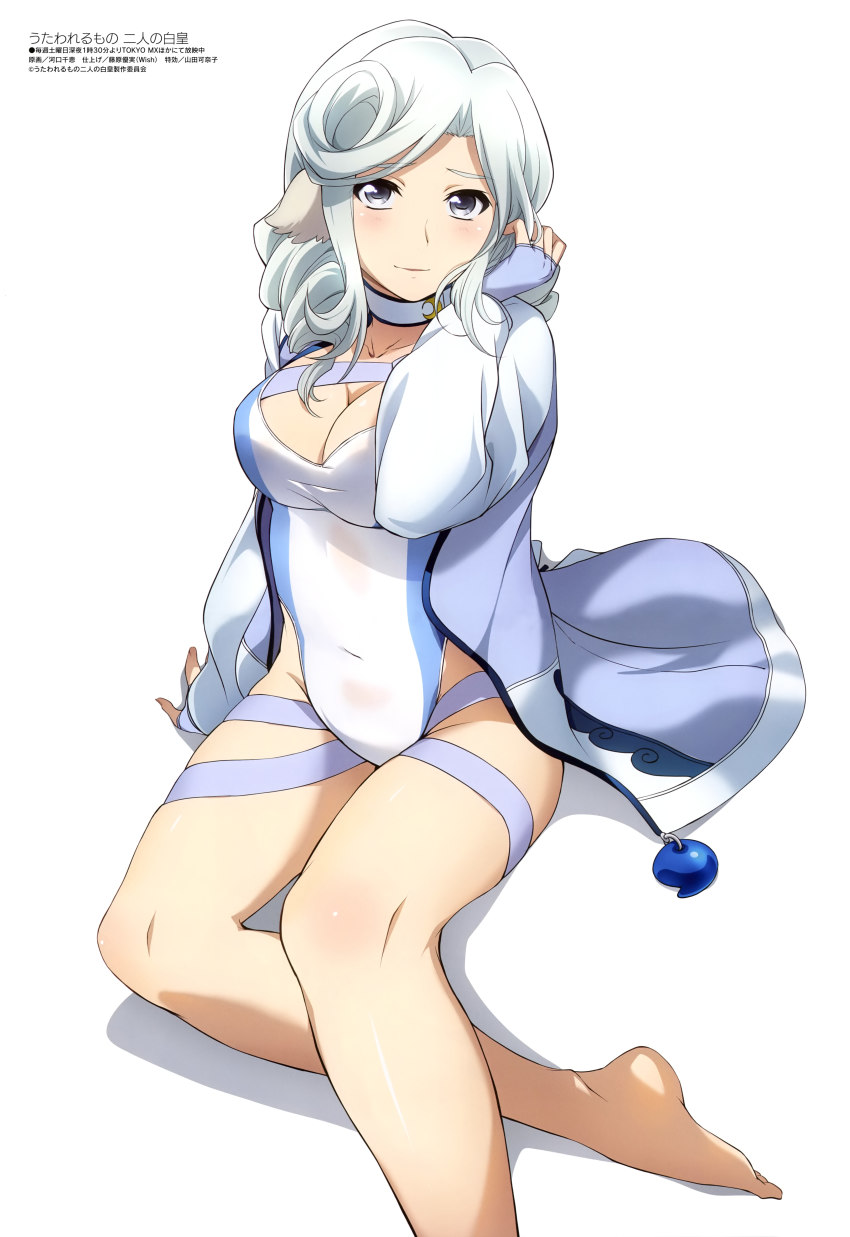 1girl absurdres animal_ears aquaplus arm_support barefoot breasts bush cleavage closed_mouth collarbone competition_swimsuit covered_navel grey_eyes gym_uniform hand_in_own_hair highres jacket long_hair looking_at_viewer medium_breasts megami_magazine munechika nakata_masahiko official_art one-piece_swimsuit scan simple_background sitting solo swimsuit thighs utawarerumono utawarerumono:_futari_no_hakuoro utawarerumono:_itsuwari_no_kamen utawarerumono:_lost_flag white_background white_fox_(company) white_hair white_jacket white_one-piece_swimsuit