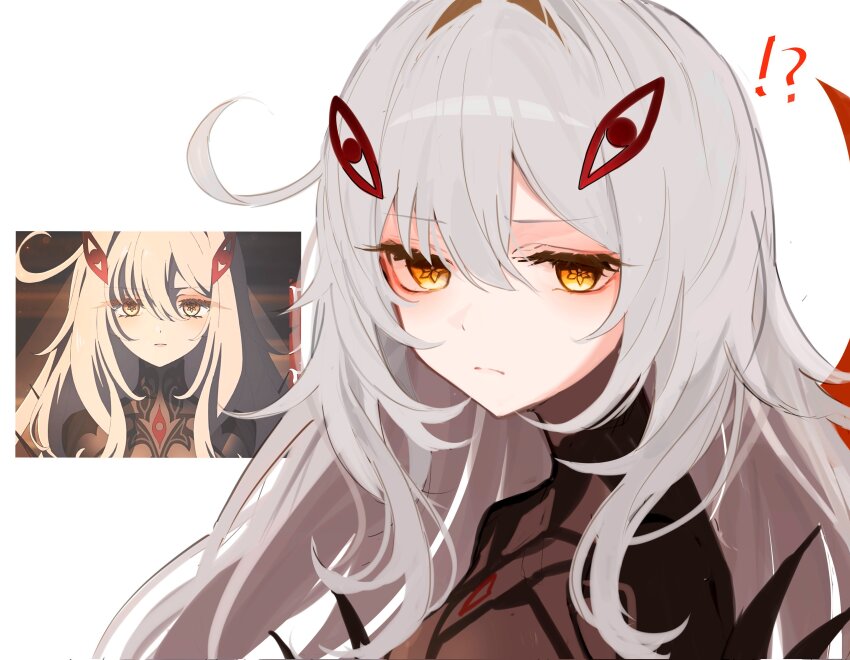 !? 1girl absurdres closed_mouth cowlick eye_hair_ornament eye_symbol frown genshin_impact hair_between_eyes hair_ornament highres long_hair magnet_8_8 official_art_inset reference_inset ronova_(genshin_impact) simple_background solo symbol-shaped_pupils upper_body white_background white_hair yellow_eyes