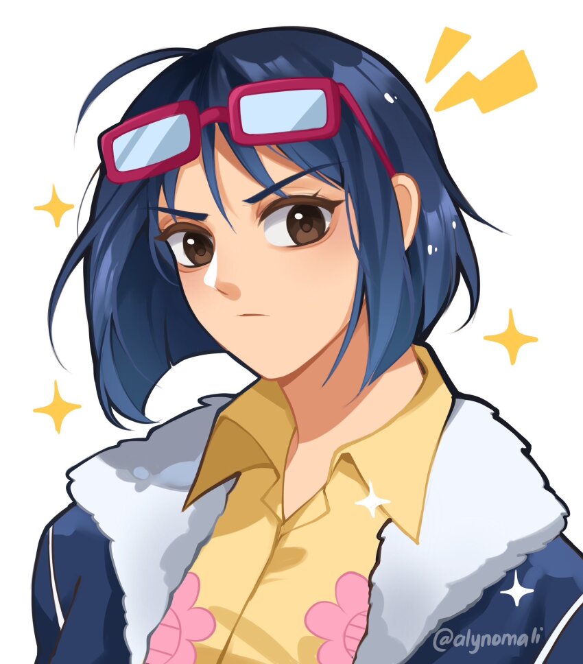 1girl alynomali blue_hair blue_jacket brown_eyes closed_mouth collared_shirt commentary english_commentary eyewear_on_head floral_print fur-trimmed_jacket fur_trim glasses highres jacket looking_at_viewer one_piece print_shirt red-framed_eyewear shirt short_hair simple_background solo sparkle tashigi twitter_username upper_body white_background yellow_shirt