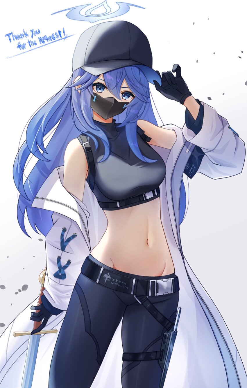 1girl bae_minah_(chaesu) bare_shoulders belt black_belt black_gloves black_headwear black_shirt blue_archive blue_eyes blue_hair blue_pants breasts coat commentary_request cosplay cowboy_shot crop_top gloves gradient_background grey_background groin head_tilt highres holding holding_sword holding_weapon leggings long_hair long_sleeves looking_at_viewer mask medium_breasts midriff mouth_mask navel off_shoulder open_clothes open_coat pants saori_(blue_archive) saori_(blue_archive)_(cosplay) shirt shuvalun8 sleeveless sleeveless_shirt solo standing stomach sword thighs very_long_hair weapon white_background white_coat