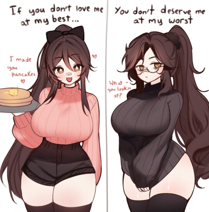 1girl bags_under_eyes black_sweater blush breasts brown_hair butter comparison english_text food hair_between_eyes highres indie_virtual_youtuber large_breasts long_hair pancake pancake_stack pink_sweater ponytail sky_above_me sky_above_me_(vtuber) sweater thighs turtleneck very_long_hair virtual_youtuber