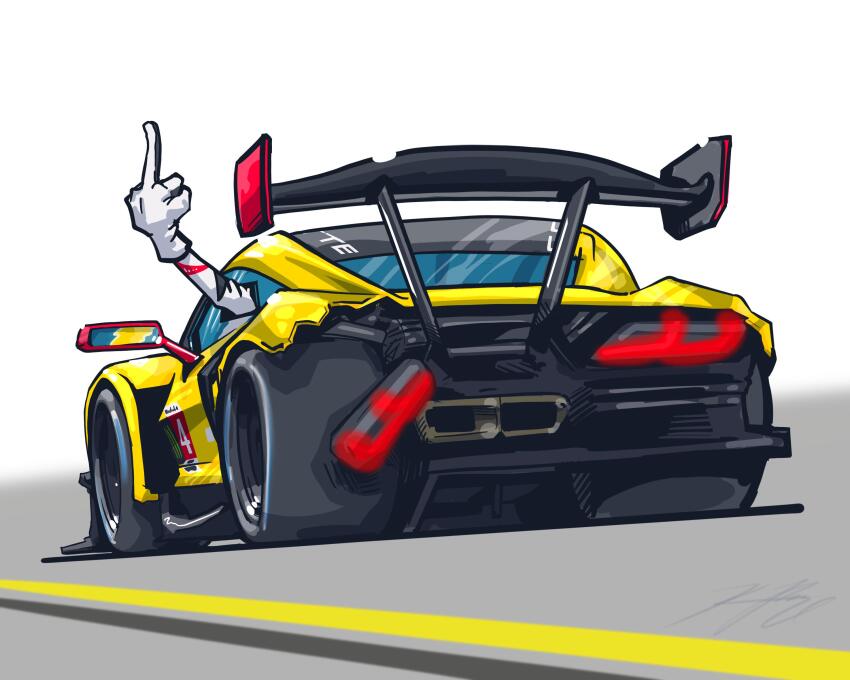 1boy absurdres car chevrolet chevrolet_corvette chevrolet_corvette_c8 chibi corvette_racing damaged daytona_international_speedway from_behind gloves glowing highres imsa_sportscar_championship kevinpaigeart middle_finger mirror motor_vehicle race_vehicle racecar racetrack real_life shirt signature spoiler_(automobile) tommy_milner vehicle_focus white_background white_gloves white_shirt