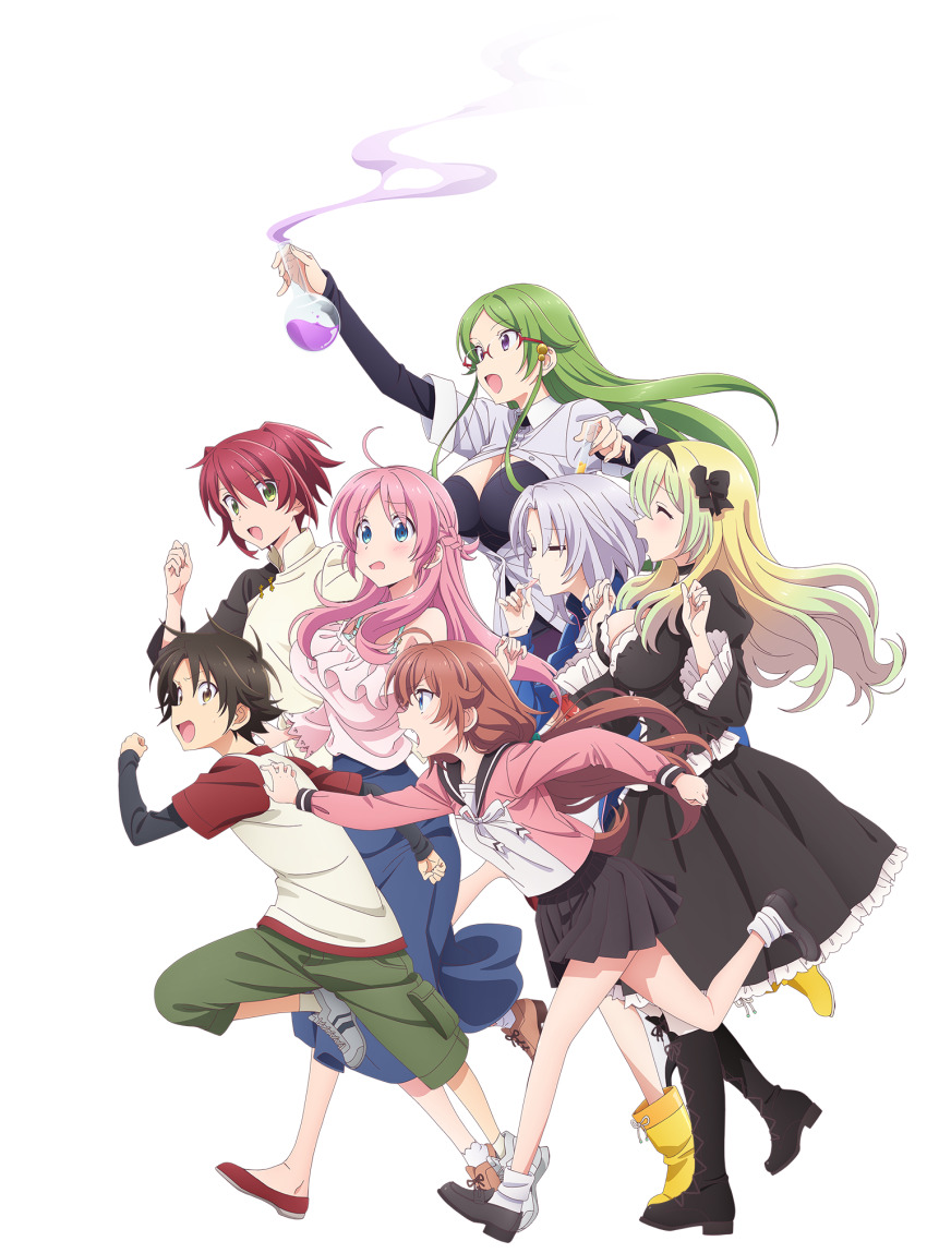 1boy 6+girls bare_shoulders black_dress black_footwear black_hairband black_sailor_collar black_skirt blonde_hair blue_eyes blue_skirt blush boots bra bra_strap breasts brown_eyes brown_hair chinese_clothes closed_eyes dress eating fang flask frey_(megami-ryou_no_ryoubo-kun) from_side full_body glasses green_bra green_eyes green_hair green_shorts grey_footwear hairband highres holding holding_flask hozumi_serene juliet_sleeves kouroya_sutea large_breasts layered_sleeves long_hair long_sleeves loose_socks low_twintails megami-ryou_no_ryoubo-kun multiple_girls nagumo_koushi official_art open_mouth parted_bangs pink_hair pink_shirt pleated_skirt puffy_sleeves reaching reaching_towards_another red-framed_eyewear red_footwear red_hair red_sleeves running sailor_collar saotome_atena school_uniform senshou_kiriya serafuku shirt shoes short_hair short_over_long_sleeves short_sleeves shorts simple_background skirt small_breasts smile smoke socks transparent_background twintails underwear w_arms wachi_mineru white_hair white_shirt white_socks yellow_boots