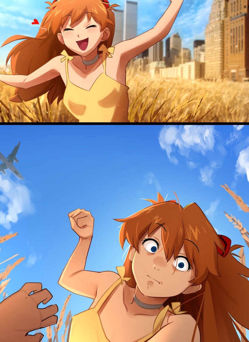 1boy 1girl 9/11 absurdres blue_eyes blush breasts brown_hair city cleavage clothes_lift constricted_pupils crazy_eyes dress facing_another facing_viewer femdom happy heart hetero highres incoming_attack incoming_punch interface_headset_(evangelion) khyle. long_hair meme meme_attire neon_genesis_evangelion outdoors pov pun punching serious souryuu_asuka_langley sundress surprised two_side_up underwear wind yellow_dress