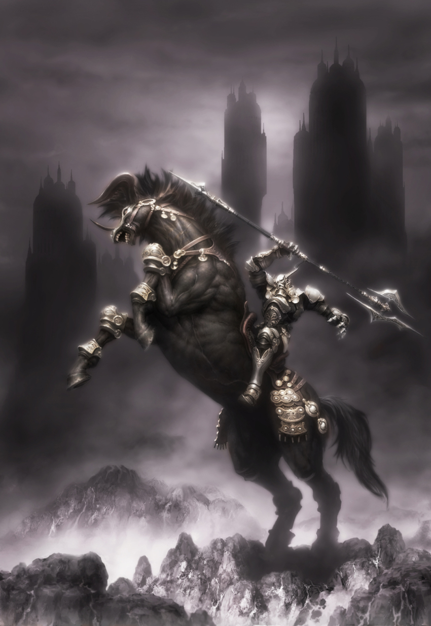 1boy aiba_ryosuke armor black_horse breastplate bridle commentary fake_horns final_fantasy final_fantasy_xi full_armor gauntlets greaves helmet highres holding holding_polearm holding_weapon horned_helmet horns horse horseback_riding odin_(final_fantasy) official_art polearm rearing riding saddle second-party_source shoulder_armor sleipnir_(final_fantasy) spear weapon