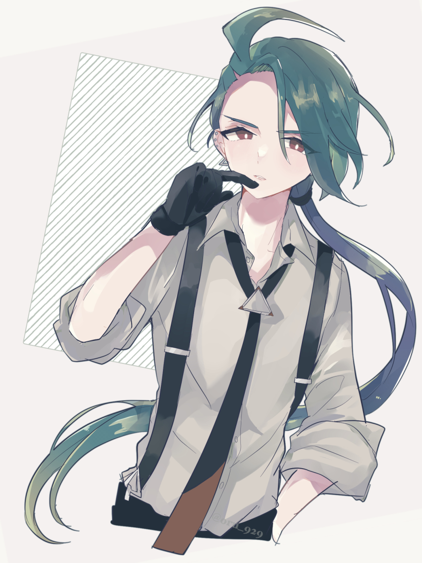 1girl ahoge black_gloves black_necktie bright_pupils brown_eyes buttons collared_shirt commentary_request game_freak gloves green_hair hand_on_own_hip hand_up highres ioringoxx long_hair looking_at_viewer necktie nintendo parted_lips pokemon pokemon_sv ponytail rika_(pokemon) shirt solo suspenders white_pupils