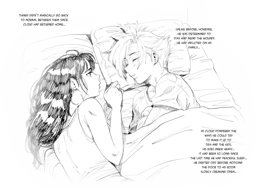 1boy 1girl aarokira cloud_strife couple english_text final_fantasy final_fantasy_vii greyscale hetero highres looking_at_another monochrome on_bed sleeping tifa_lockhart under_covers