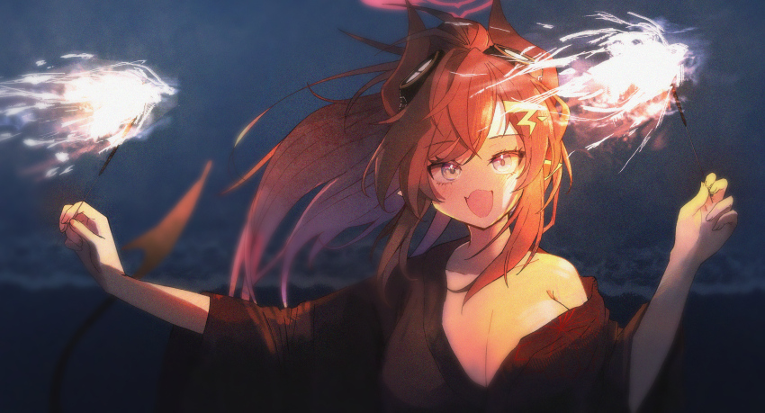 1girl absurdres alternate_costume black_kimono blue_archive blue_eyes blush breasts cleavage demon_girl demon_horns fangs hair_between_eyes highres holding holding_fireworks horns japanese_clothes kimono large_breasts long_hair looking_at_viewer megu_(blue_archive) norio_(norio386) open_mouth ponytail red_hair sidelocks single_bare_shoulder skin_fangs