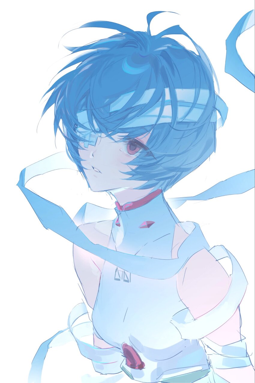 1girl ayanami_rei bandaged_arm bandaged_head bandages bare_shoulders blue_hair bodysuit breasts eyepatch fengguai floating_bandage highres loose_bandages mecha_pilot_suit medical_eyepatch medium_breasts messy_hair neon_genesis_evangelion parted_lips plugsuit_(evangelion) red_eyes short_hair simple_background sketch sleeveless sleeveless_bodysuit solo white_background white_bodysuit