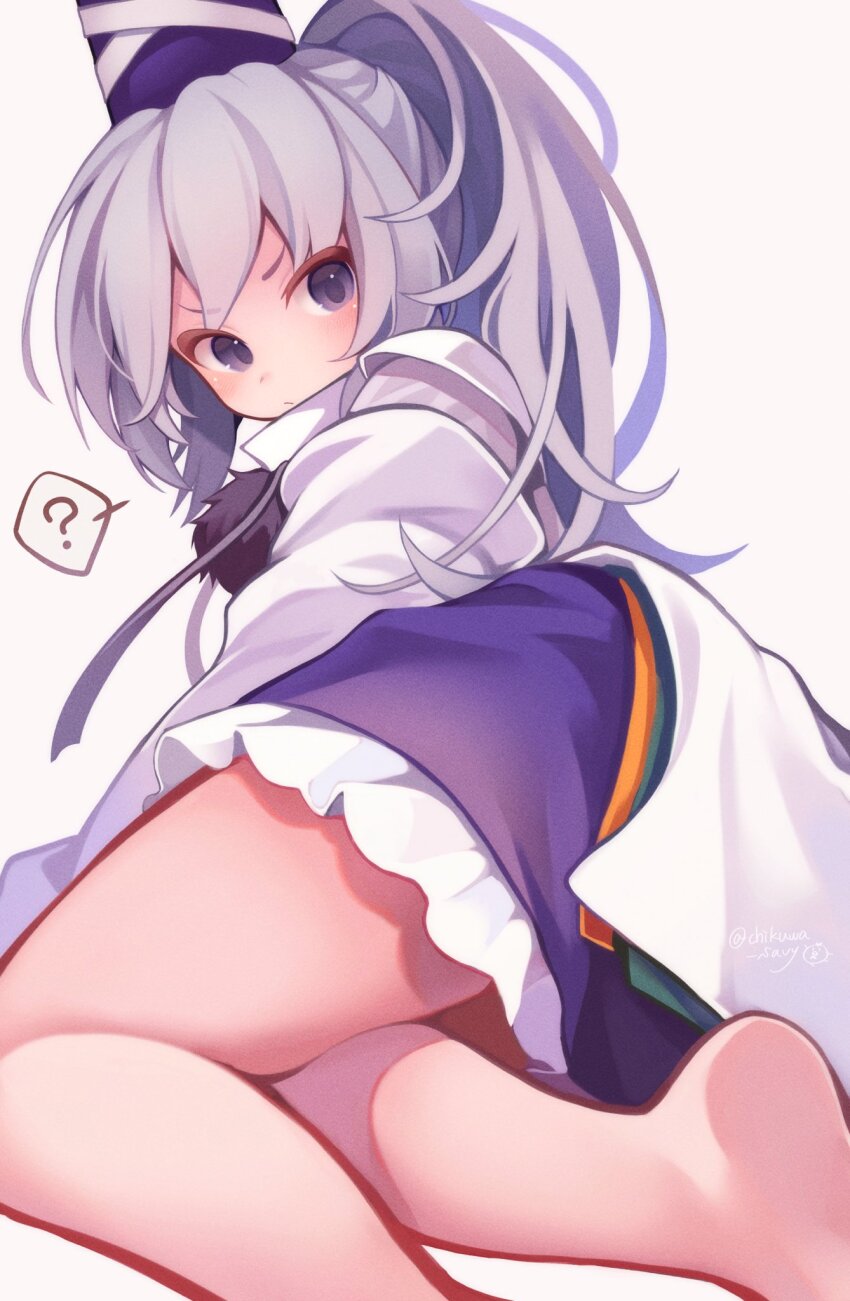 1girl ? bare_legs barefoot blue_hat chikuwa_savy from_behind grey_eyes grey_hair hat highres japanese_clothes kariginu mononobe_no_futo pom_pom_(clothes) ponytail simple_background solo tate_eboshi ten_desires touhou twitter_username white_background wide_sleeves