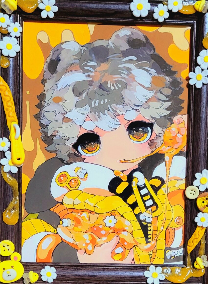 1boy animal_ears bear_boy bear_ears commentary_request grey_hair highres holding honey hood hood_down jacket looking_at_viewer male_focus original picture_frame shima_(wansyon144) short_hair solo tongue tongue_out traditional_media upper_body yellow_background yellow_eyes yellow_jacket
