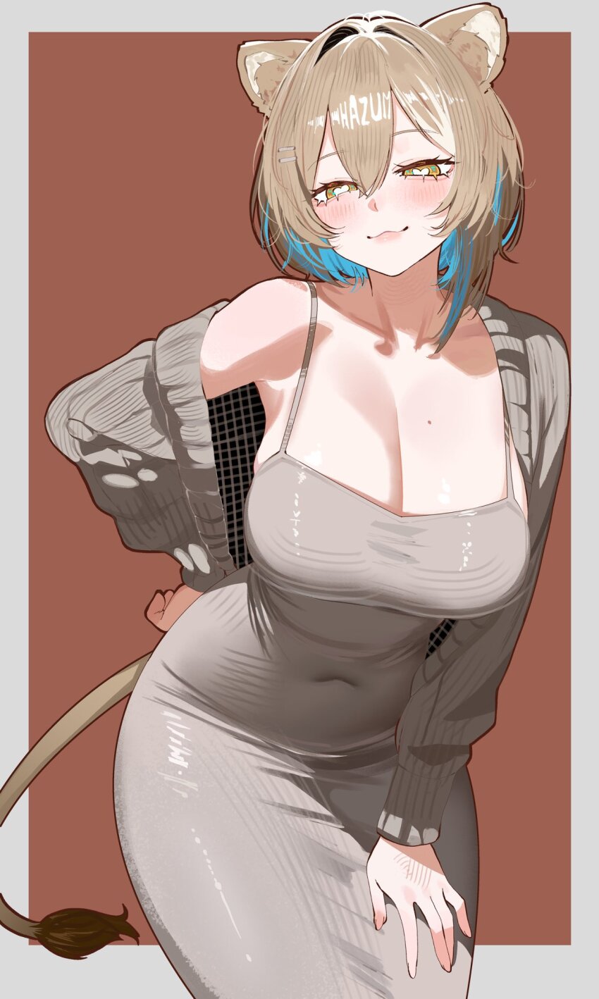 1girl animal_ears blush border breasts brown_eyes brown_hair cleavage closed_mouth collarbone covered_navel dongtan_dress dress grey_border grey_dress grey_sweater hand_on_own_hip hazumi_aileen heart heart-shaped_pupils highres indie_virtual_youtuber large_breasts leaning_forward lion_ears lion_tail meme_attire mole mole_on_breast ms._tsu pencil_dress red_background second-party_source short_hair single_off_shoulder solo sweater symbol-shaped_pupils tail virtual_youtuber