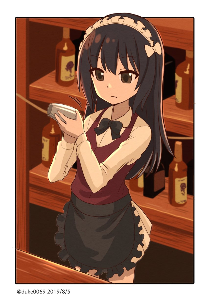 1girl absurdres apron black_hair bottle bow bowtie brown_eyes dated female_focus girls_und_panzer headband highres long_hair long_sleeves maid_headdress pleated_skirt red_vest reizei_mako shaker skirt solo thighs twitter_username vest white_skirt yuuki_koutarou