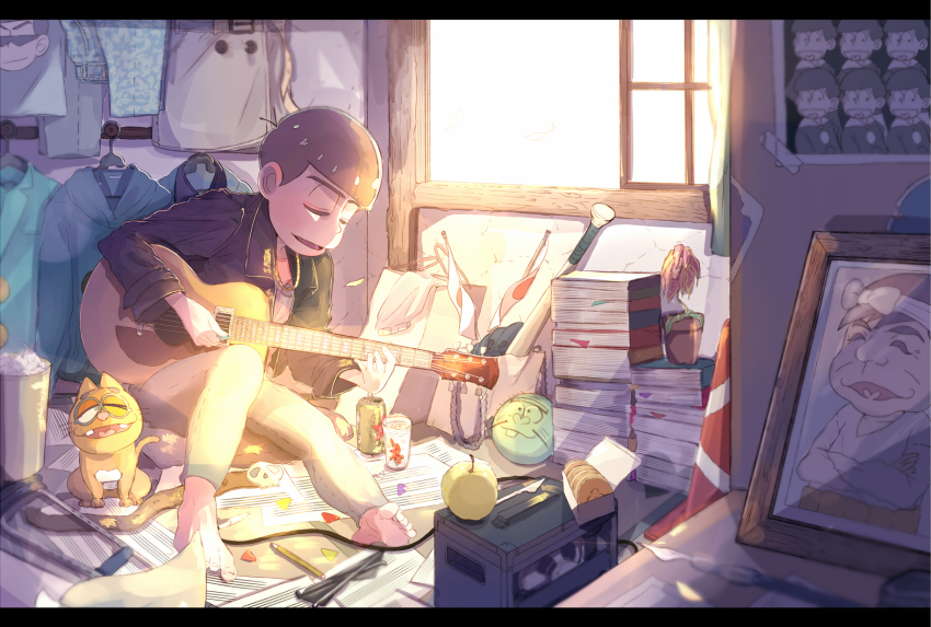 10s 1boy acoustic_guitar ahoge akatsuka_fujio animal apple bag ball barefoot baseball_bat baseball_glove beer_can belt black_hair blurry book book_stack bookmark box cable can cat closed_eyes clothes_hanger coat confetti crack crossed_arms crumpled_paper crutch curtains cushion depth_of_field dobusu_(osomatsu-san) drink_can esper_nyanko flag flower flower_pot food formal_clothes framed fruit glasses guitar heart heart_in_mouth highres hijirisawa_shonosuke hood hoodie imagawayaki indoors instrument jacket japanese_flag jewelry letterboxed long_sleeves male_focus matsuno_choromatsu matsuno_ichimatsu matsuno_jyushimatsu matsuno_karamatsu matsuno_osomatsu matsuno_todomatsu motion_blur music necklace on_floor one_eye_closed osomatsu-kun osomatsu-san osomatsu_(series) pants paper paper_bag pear pen pencil photo_(object) picture_frame plant playing_instrument plectrum print_shirt revision shade sheet_music shirt singing sitting slice_of_life soda_can suit sunglasses sunlight sweets table tape traffic_cone trash_can unworn_belt unworn_clothes unworn_eyewear wind window youji_(ymcocco)