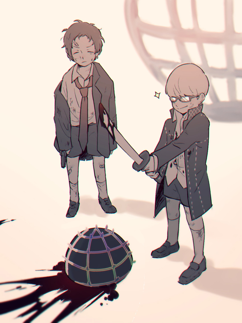 2boys adachi_tooru aged_down bandaid bandaid_on_head bandaid_on_leg black_footwear black_hair blood bloody_weapon bruise closed_eyes formal_clothes glasses gun highres holding holding_gun holding_weapon injury jacket kneehighs loafers long_sleeves loose_necktie male_focus multiple_boys narukami_yu necktie off_shoulder oversized_clothes persona persona_4 red_necktie school_uniform shirt shoes short_hair shorts sleeves_past_wrists smile socks sparkle suit tedty33 weapon white_hair white_shirt