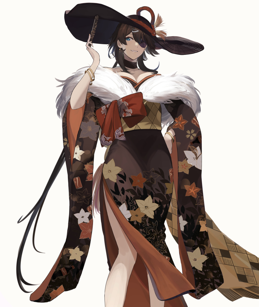absurdres arm_strap azur_lane bare_shoulders black_headwear blue_eyes breasts brown_hair brown_kimono brown_sleeves cleavage collarbone eyepatch folded_fan folding_fan fur-trimmed_kimono fur_trim georgia_(azur_lane) georgia_(exalted_vibrance)_(azur_lane) hand_fan hand_on_own_hip heterochromia highres japanese_clothes kimono large_breasts looking_at_viewer official_alternate_costume platform_footwear simple_background solo user_rswv5528 white_background