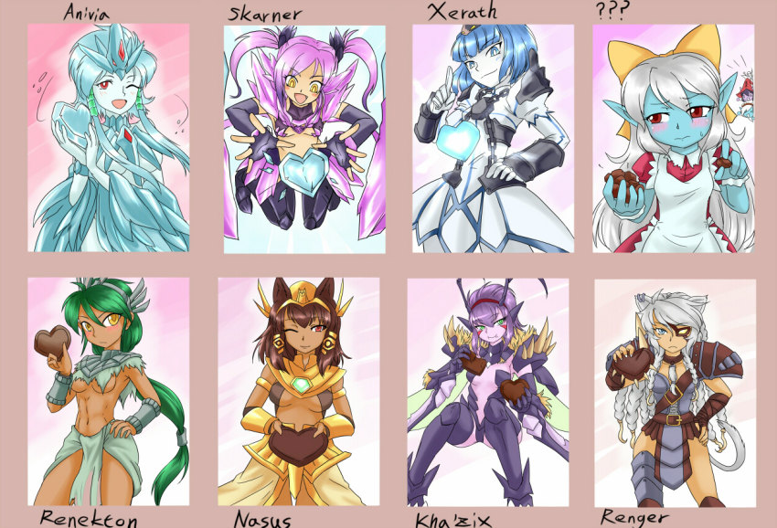6+girls animal_ears anivia armor bare_shoulders blue_eyes breasts chocolate cleavage eyepatch gender_request genderswap gloves kha&#039;zix league_of_legends lulu_(league_of_legends) multiple_girls nam_(valckiry) nasus personification poppy_(league_of_legends) renekton rengar skarner tristana_(league_of_legends) valentine xerath
